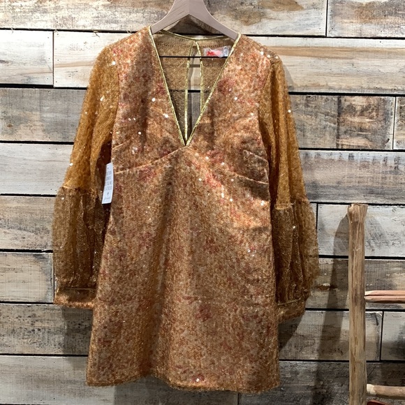 NWT FREE PEOPLE STARS ALIGN MINI SEQUIN DRESS GOLD Z216-1 - Picture 5 of 11
